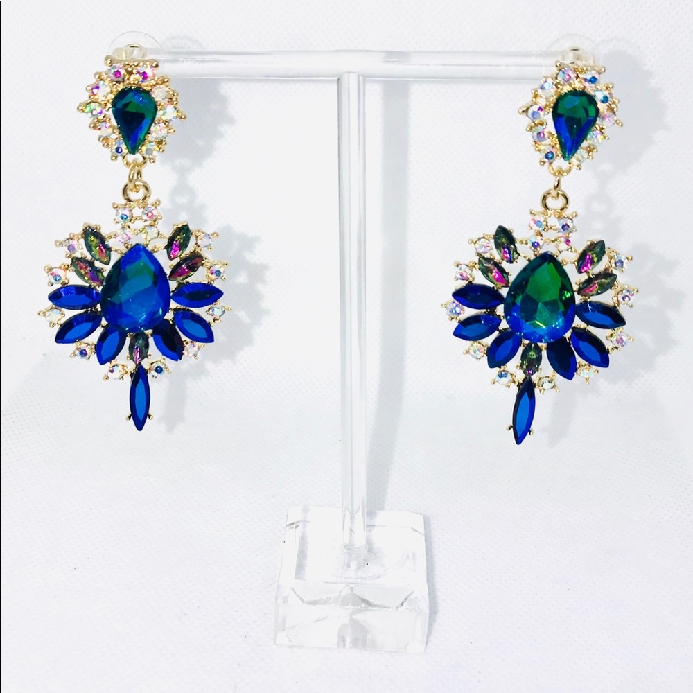 Blue and green irisdescent chandelier earrings